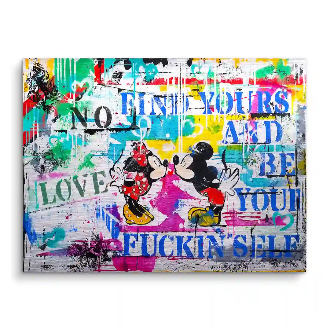 Buntes Pop Art Wandbild mit Comic-Motiv, Liebespaar und inspirierendem Spruch auf Leinwand