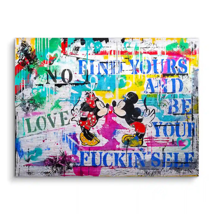 Buntes Pop Art Wandbild mit Comic-Motiv, Liebespaar und inspirierendem Spruch auf Leinwand