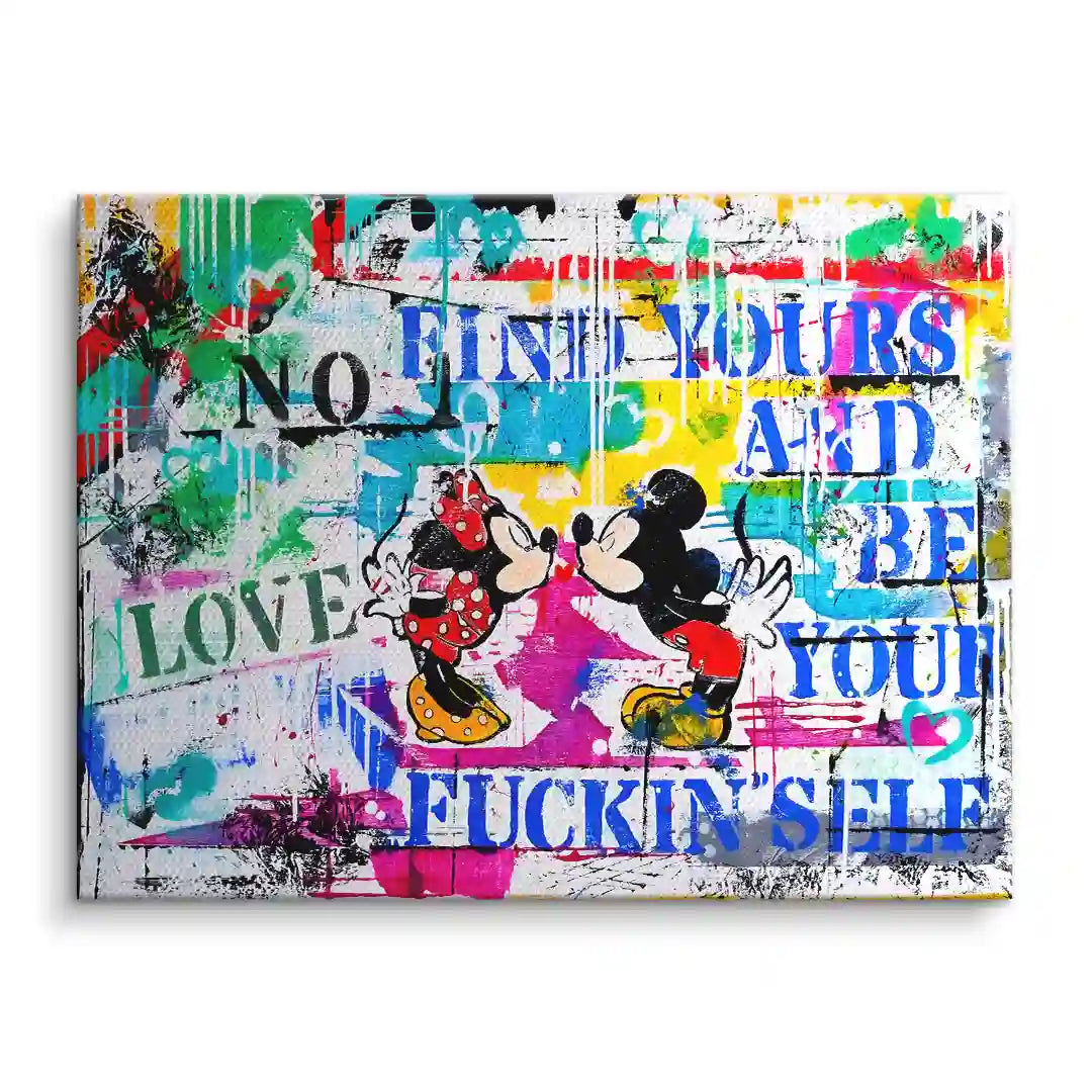 Buntes Wandbild im Street-Art-Stil mit kussenden Comic-Mäusen und Motivationsspruch