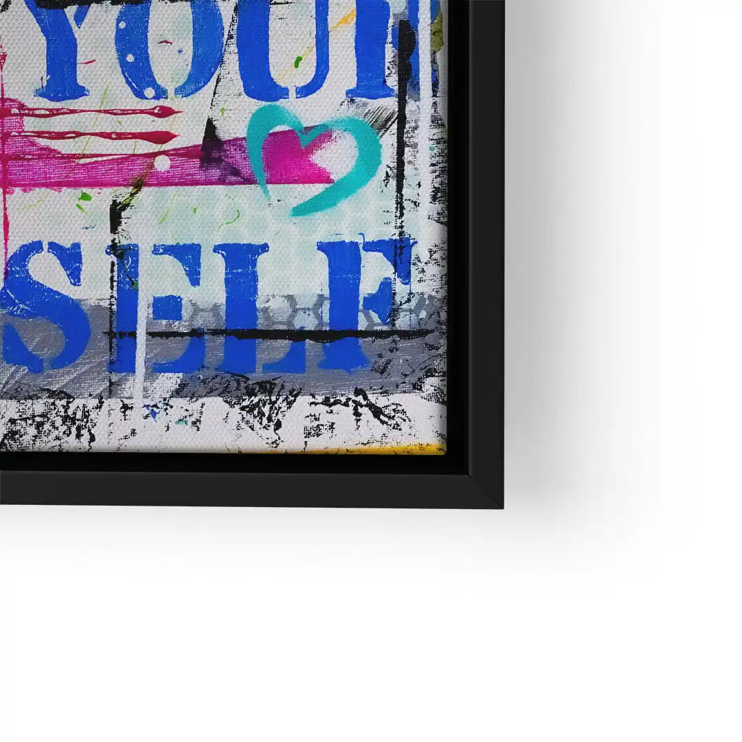 Modernes Wandbild mit blauen Schriftzügen, buntem Herz und abstrakter Kunst auf Leinwand