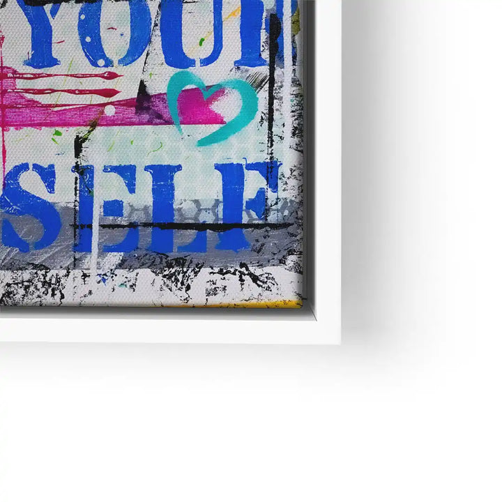 Modernes Wandbild mit buntem Herz und blauer Schrift, Motivationskunst auf Leinwand