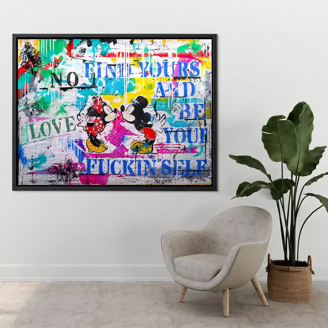 Modernes Wandbild im Pop-Art-Stil mit Comic-Figuren, buntem Graffiti und Motivationsspruch
