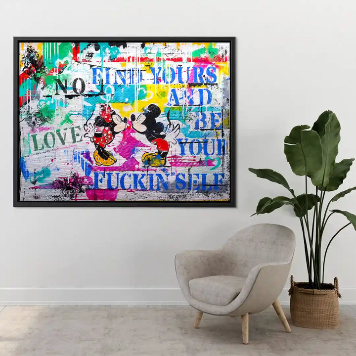 Modernes Wandbild im Pop-Art-Stil mit Comic-Figuren, buntem Graffiti und Motivationsspruch