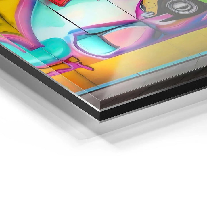 Detailaufnahme Acrylglas-Wandbild mit buntem Auto-Pop-Art Motiv