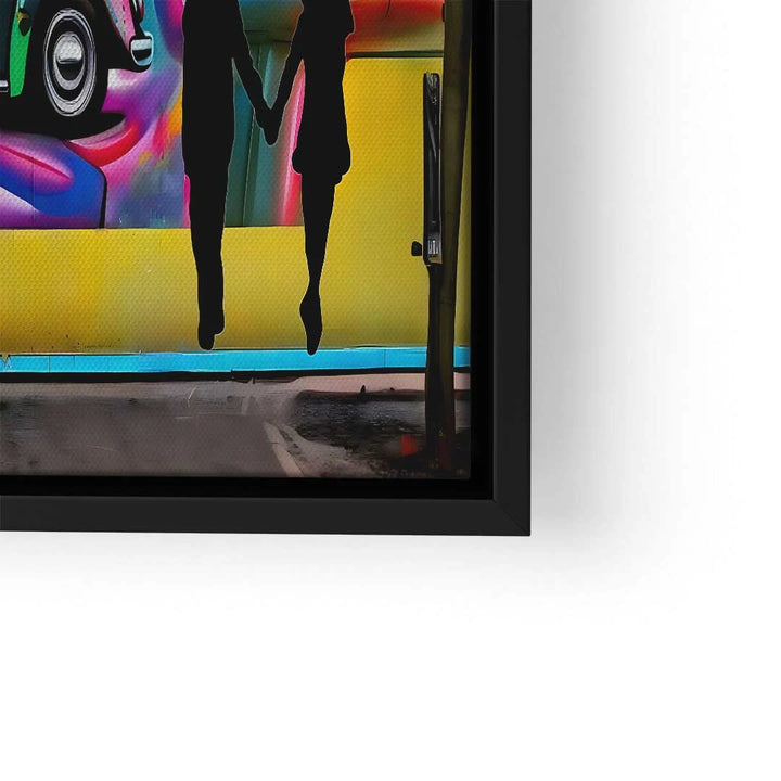 Modernes Wandbild mit Auto, Liebespaar Silhouette und buntem Hintergrund, Pop Art Stil