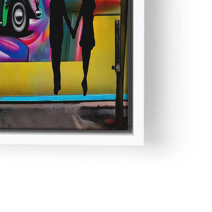 Wandbild Pop Art Paar Silhouette vor buntem Auto und Graffiti, moderne Leinwandkunst