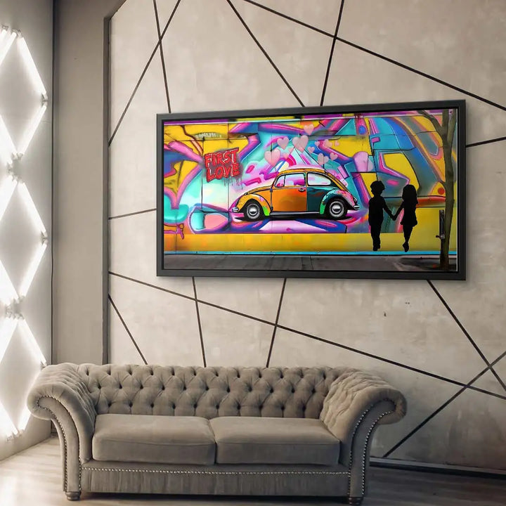 Modernes Wandbild mit buntem Graffiti, VW Käfer und zwei Silhouetten, Wohnzimmer-Dekoration