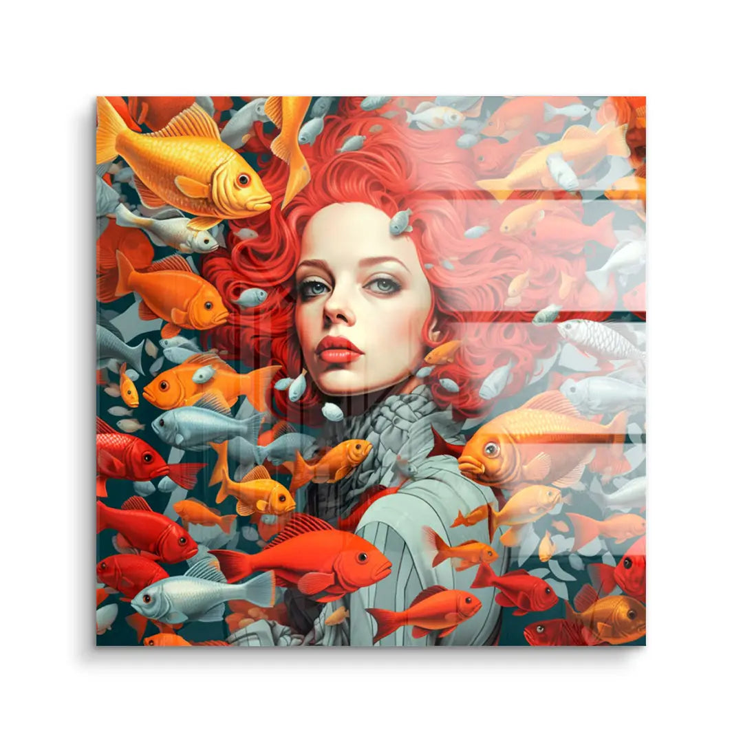 Frau mit roten Haaren von bunten Fischen umgeben, modernes Acryl Wandbild Kunst