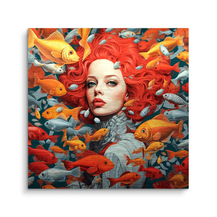 Künstlerisches Wandbild Frau mit roten Haaren, umgeben von bunten Fischen, moderne Kunst