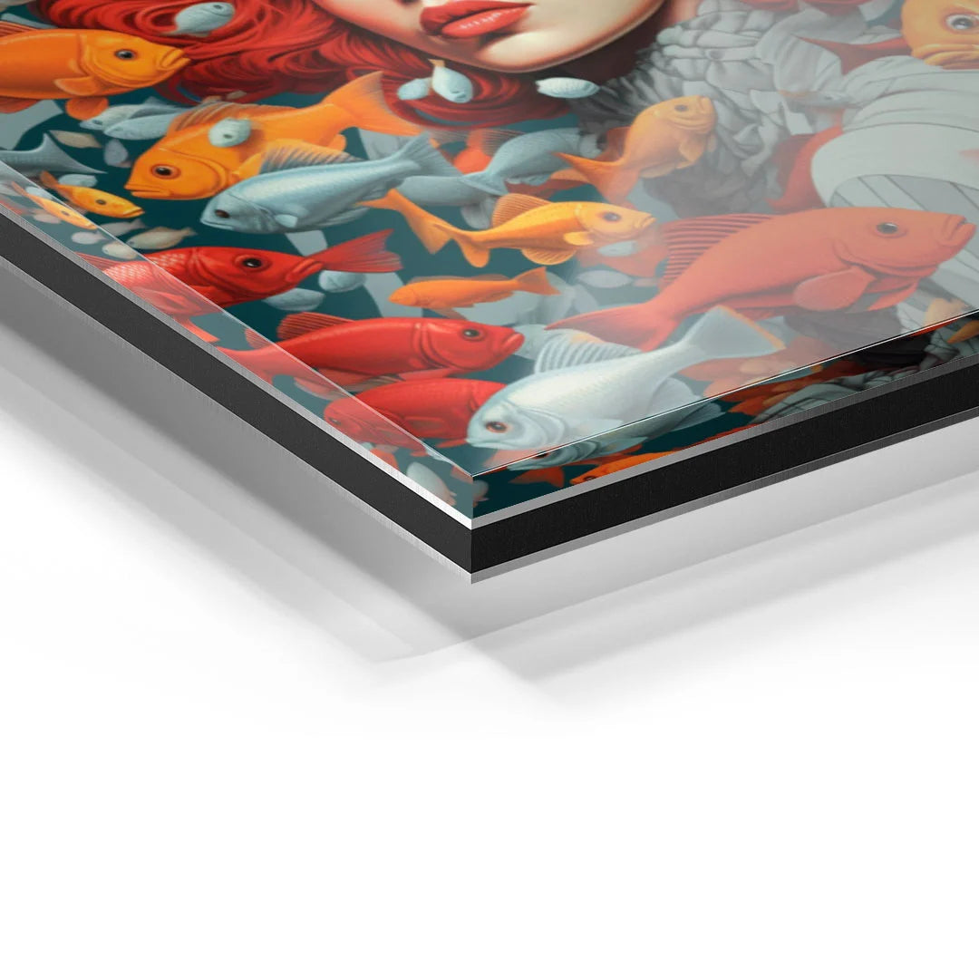 Detail eines Acrylglas-Wandbilds mit bunter Fischkunst und rotem Haarschopf