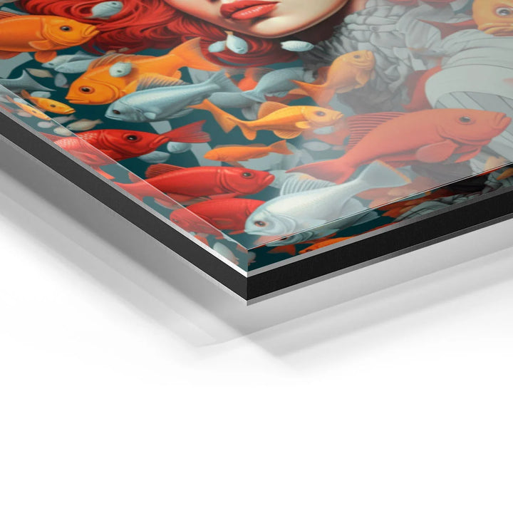 Detail eines Acrylglas-Wandbilds mit bunter Fischkunst und rotem Haarschopf