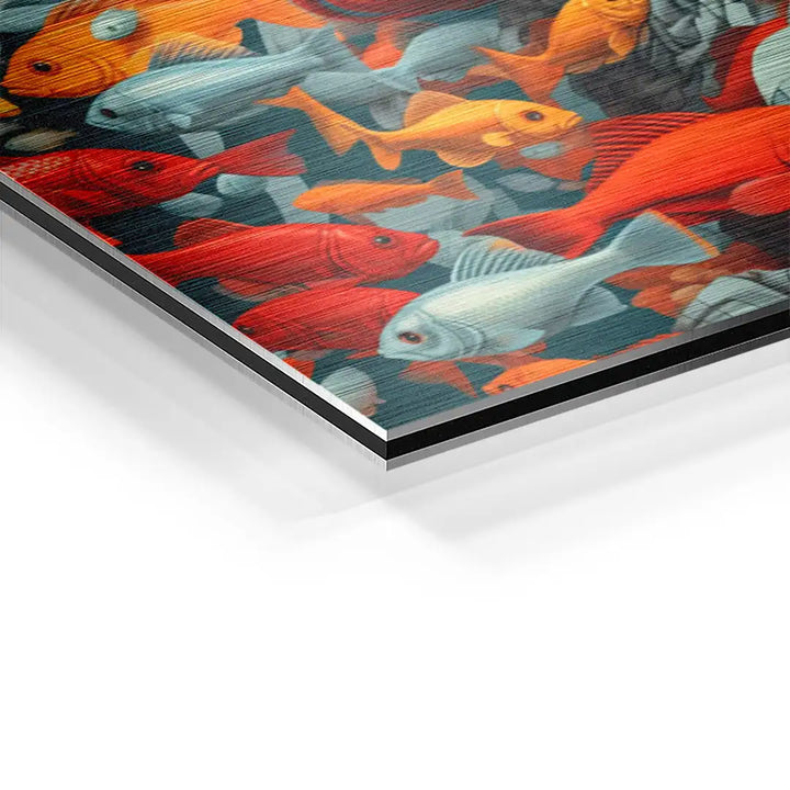 Detailaufnahme Wandbild Fische mit roten, orangefarbenen und silbernen Fischen auf Aluminium