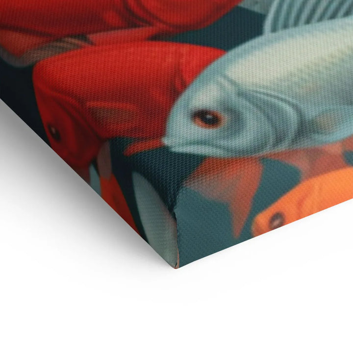 Detail eines Wandbilds auf Leinwand mit bunten Fischen in Rot und Weiß