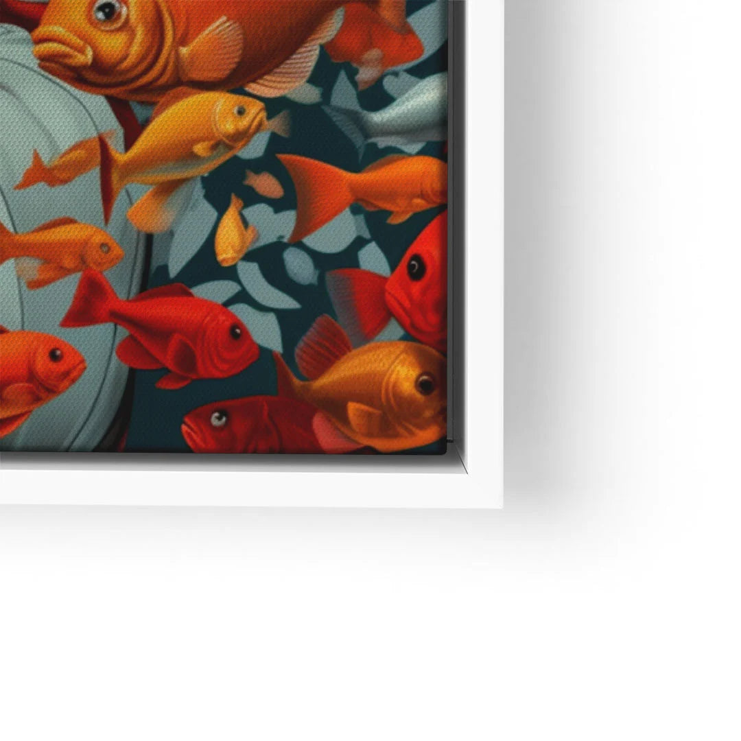 Modernes Wandbild mit goldenen und roten Fischen, dekorativ im weißen Rahmen