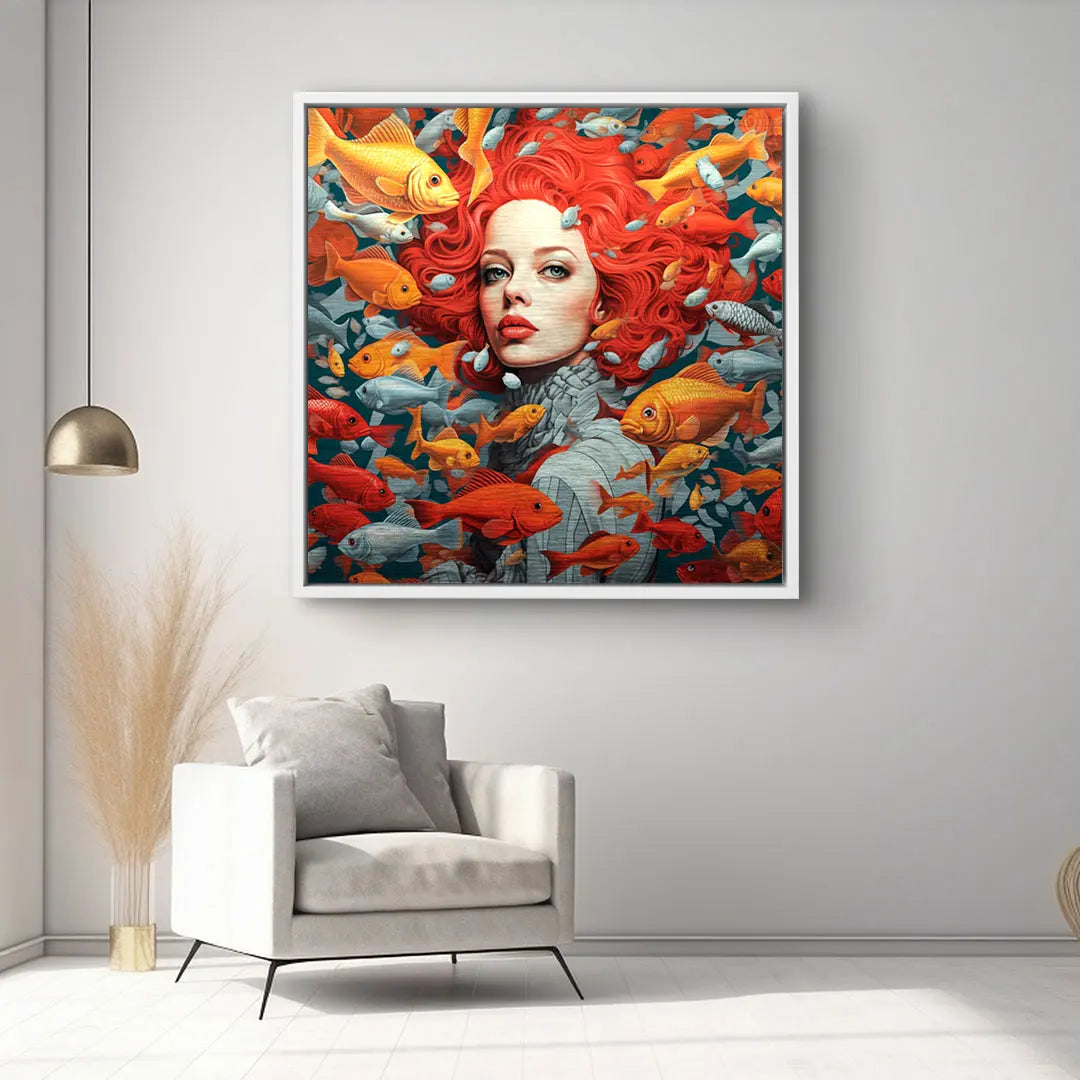 Modernes Wandbild mit Frau und roten Fischen, farbenfrohe Kunst für Wohnzimmer-Dekoration