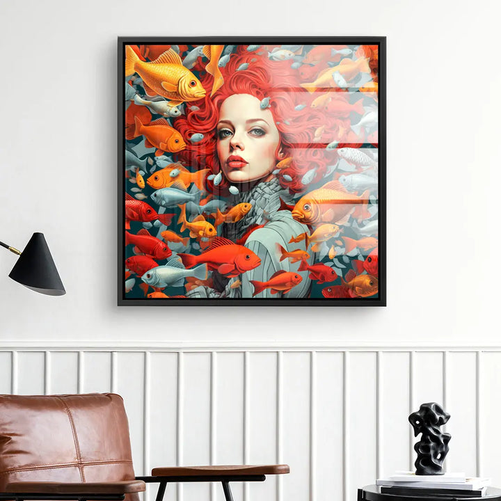 Modernes Wandbild mit rothaariger Frau und bunten Fischen, Kunst für Wohnzimmer