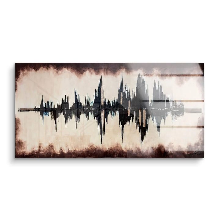 Modernes Wandbild auf Acrylglas mit abstraktem, schwarzem Soundwave-Motiv auf hellem Hintergrund
