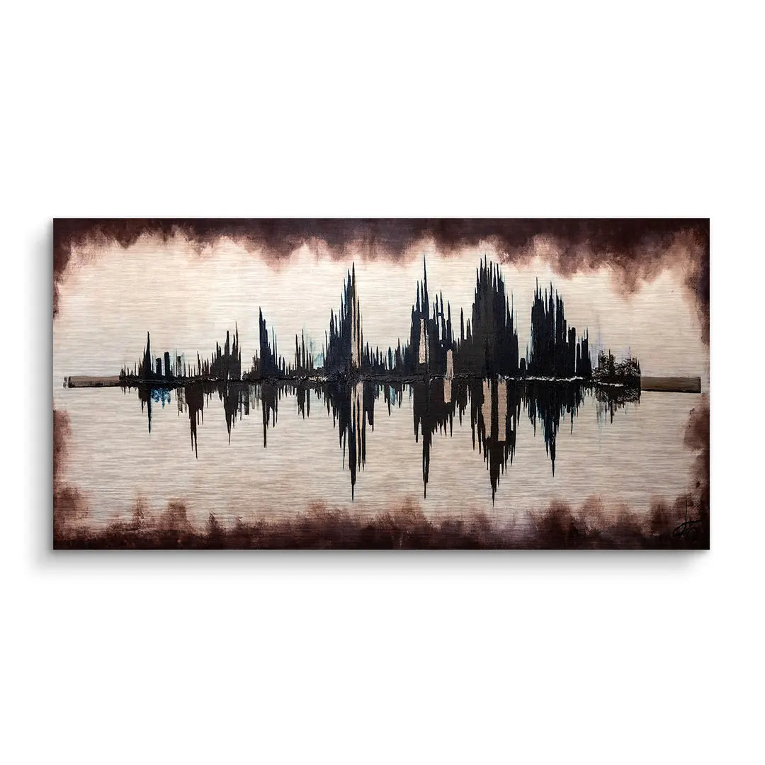 Modernes Wandbild mit abstrakten schwarzen Soundwave-Mustern auf beigem Hintergrund