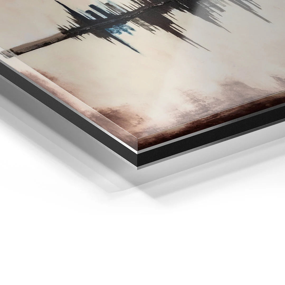 Detailansicht Acrylglas Wandbild mit abstraktem Cityscape, moderne Kunst in Brauntönen.