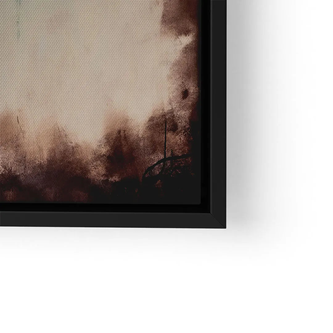 Modernes abstraktes Wandbild mit dunklen und beigen Farbtönen im schwarzen Rahmen
