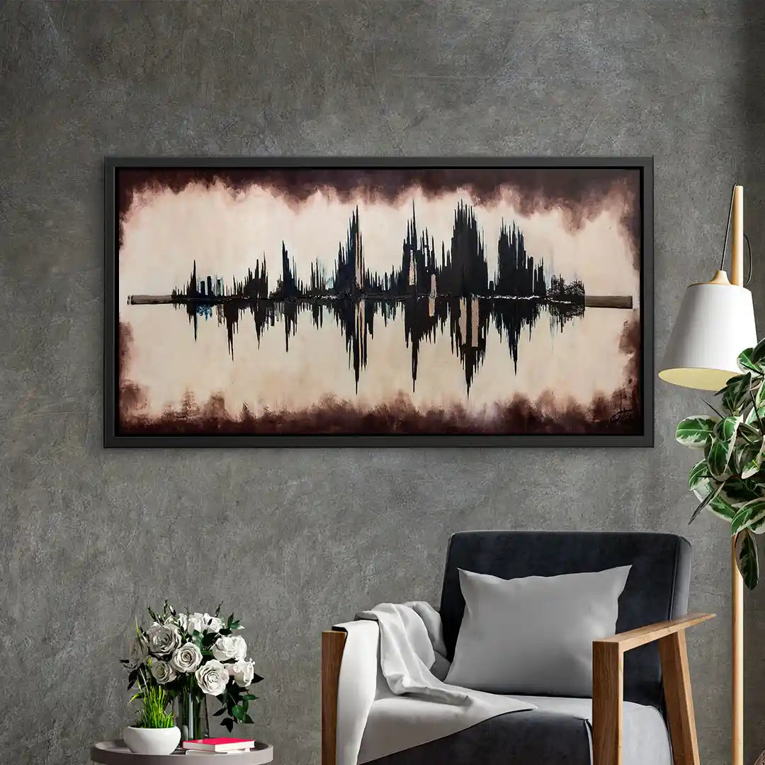 Modernes Wandbild mit abstrakter Linienkunst in Schwarz auf beigem Hintergrund, Wohnzimmer-Deko