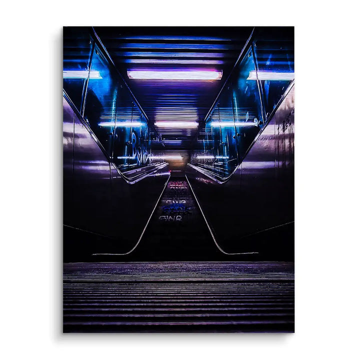Modernes Wandbild mit futuristischem Tunnel, blaue Neonlichter, urbanes Kunstmotiv