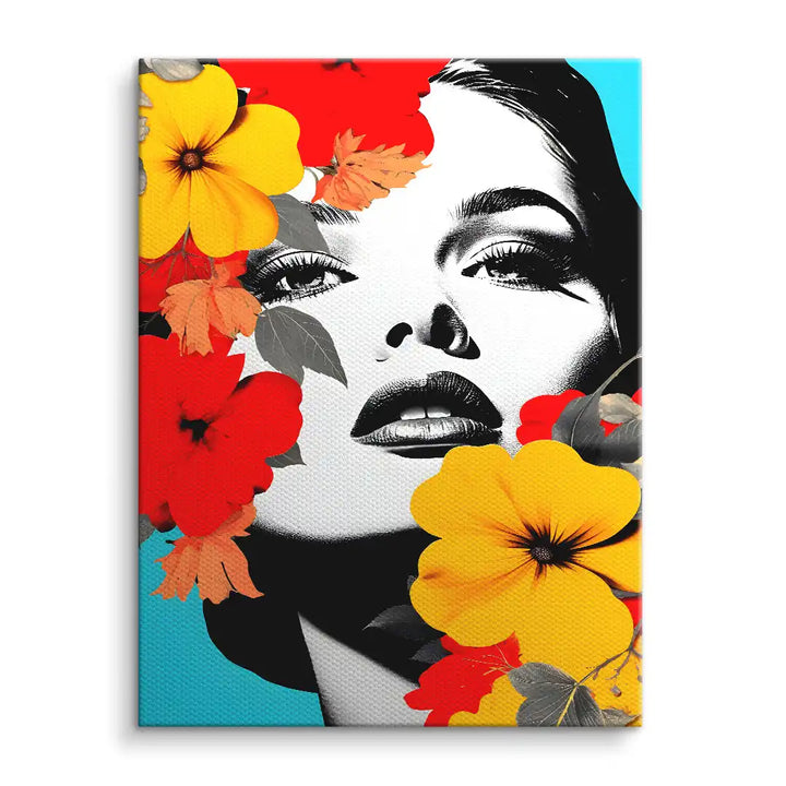 Modernes Wandbild mit schwarz-weißem Frauenporträt und bunten Blumen auf Leinwand