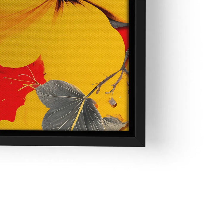 Modernes Wandbild mit gelben und roten Blumen sowie grauen Blättern im schwarzen Rahmen