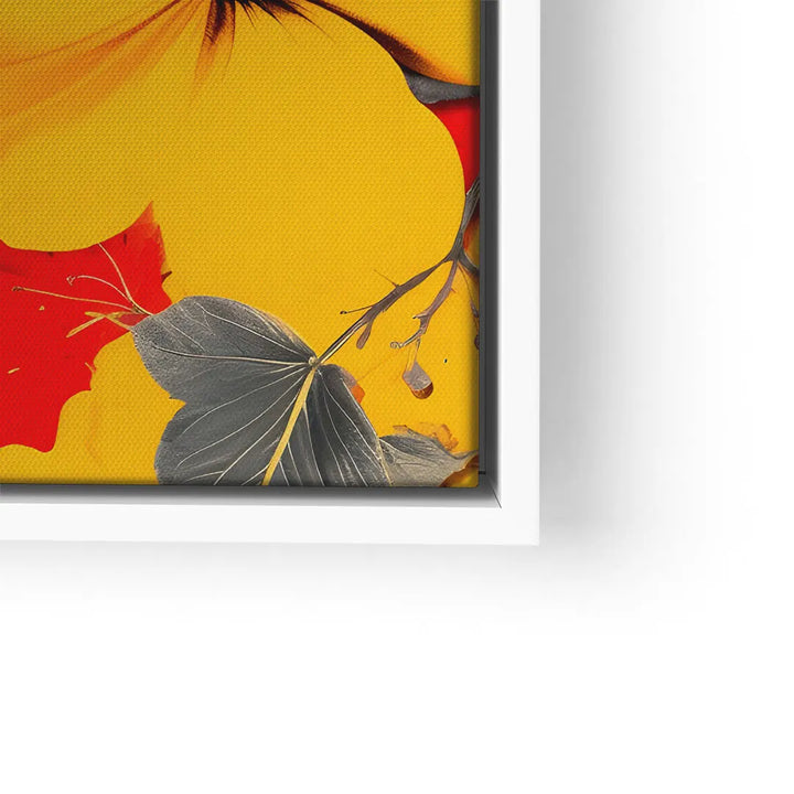 Modernes Wandbild mit gelben und roten Blumen, graue Blätter auf Leinwand im weißen Rahmen