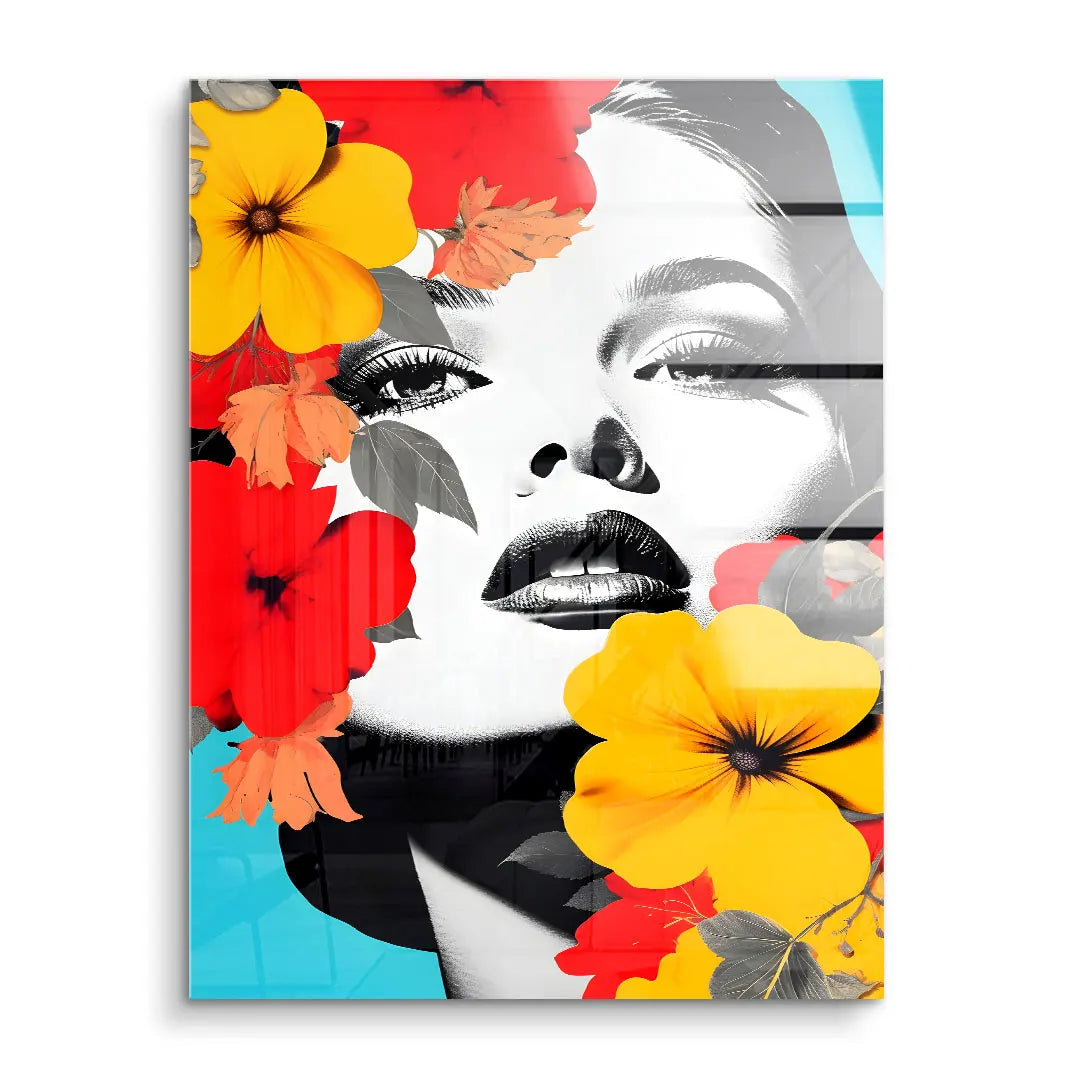 Modernes Wandbild mit stilisiertem Frauenporträt, gelben und roten Blumen auf blauem Hintergrund