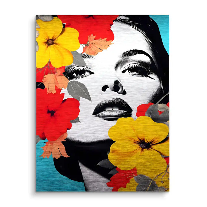 Modernes Wandbild mit Frauengesicht in Schwarzweiß, gelbe und rote Blumen, künstlerischer Stil