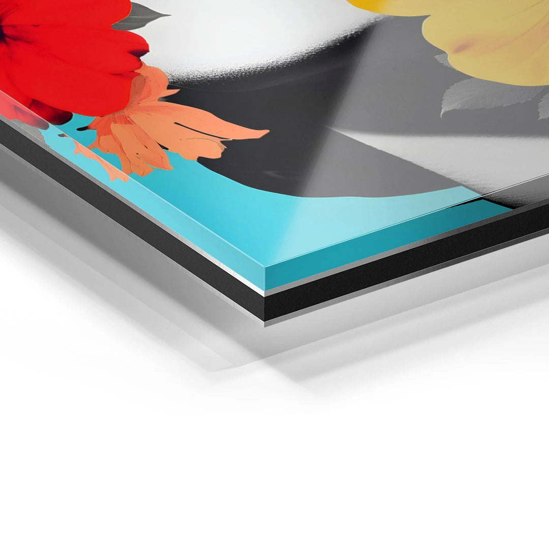 Detail eines Wandbilds mit farbigen Blumenmotiven auf Acrylglas in Nahaufnahme