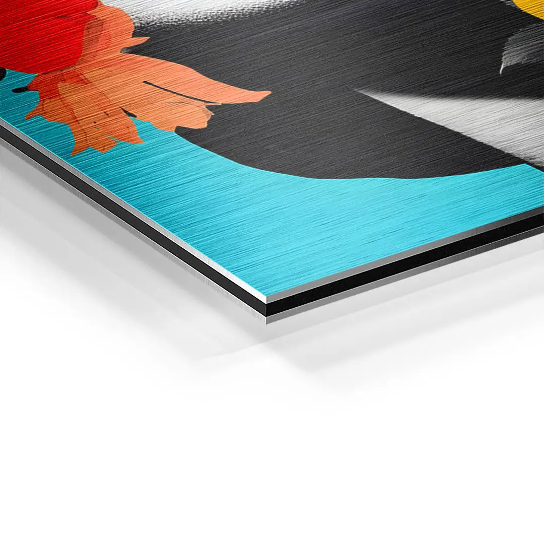 Detail eines modernen Wandbilds auf Aluminium mit Blumenmotiv, gebürstete Oberfläche, bunte Farben