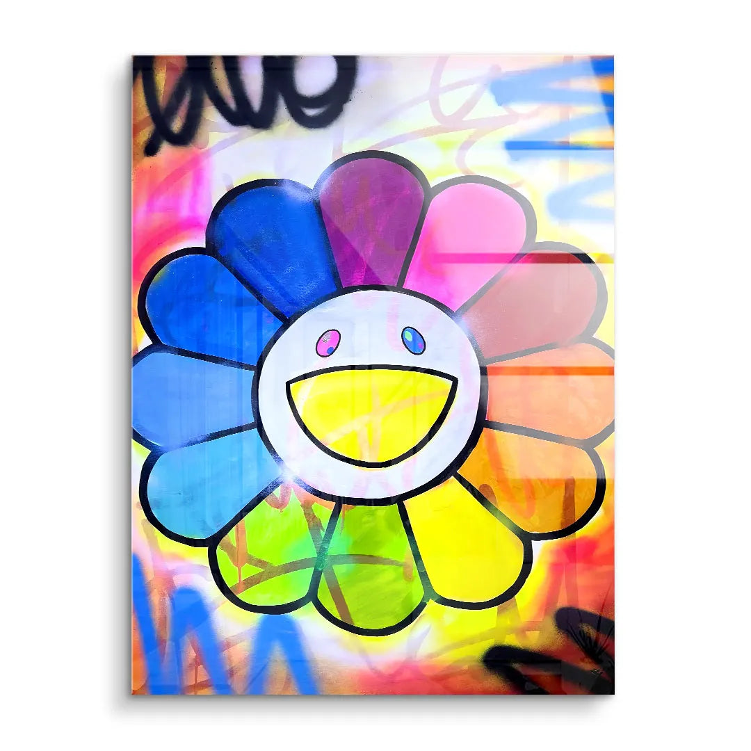 Buntes Wandbild mit lachender Blume, Graffiti-Style, moderne Pop Art Kunst auf Acrylglas