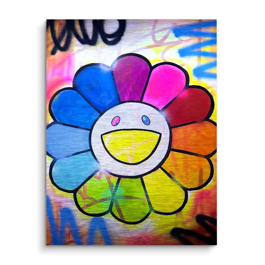 Buntes Wandbild mit lachender Blume im Pop Art Stil vor Graffiti-Hintergrund