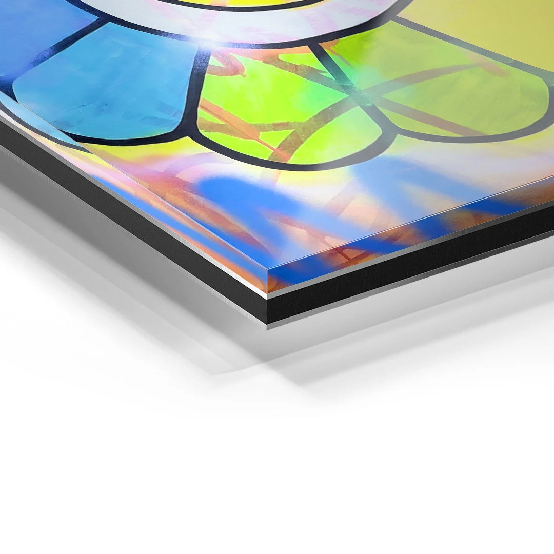 Detailaufnahme eines bunten Acrylglas-Wandbilds mit abstraktem Blumenmotiv