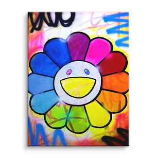 Buntes Wandbild mit lächelnder Blume vor Graffiti-Hintergrund auf Leinwand