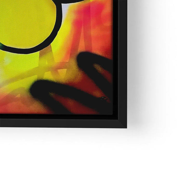 Modernes Wandbild mit farbenfroher Blumen-Kunst im schwarzen Rahmen, Pop Art Stil