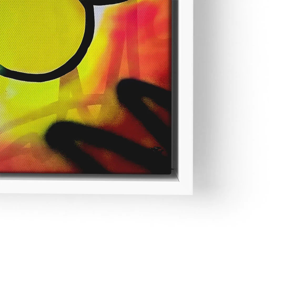 Modernes Wandbild mit bunter abstrakter Blume in gelb, orange und schwarz im weißen Rahmen