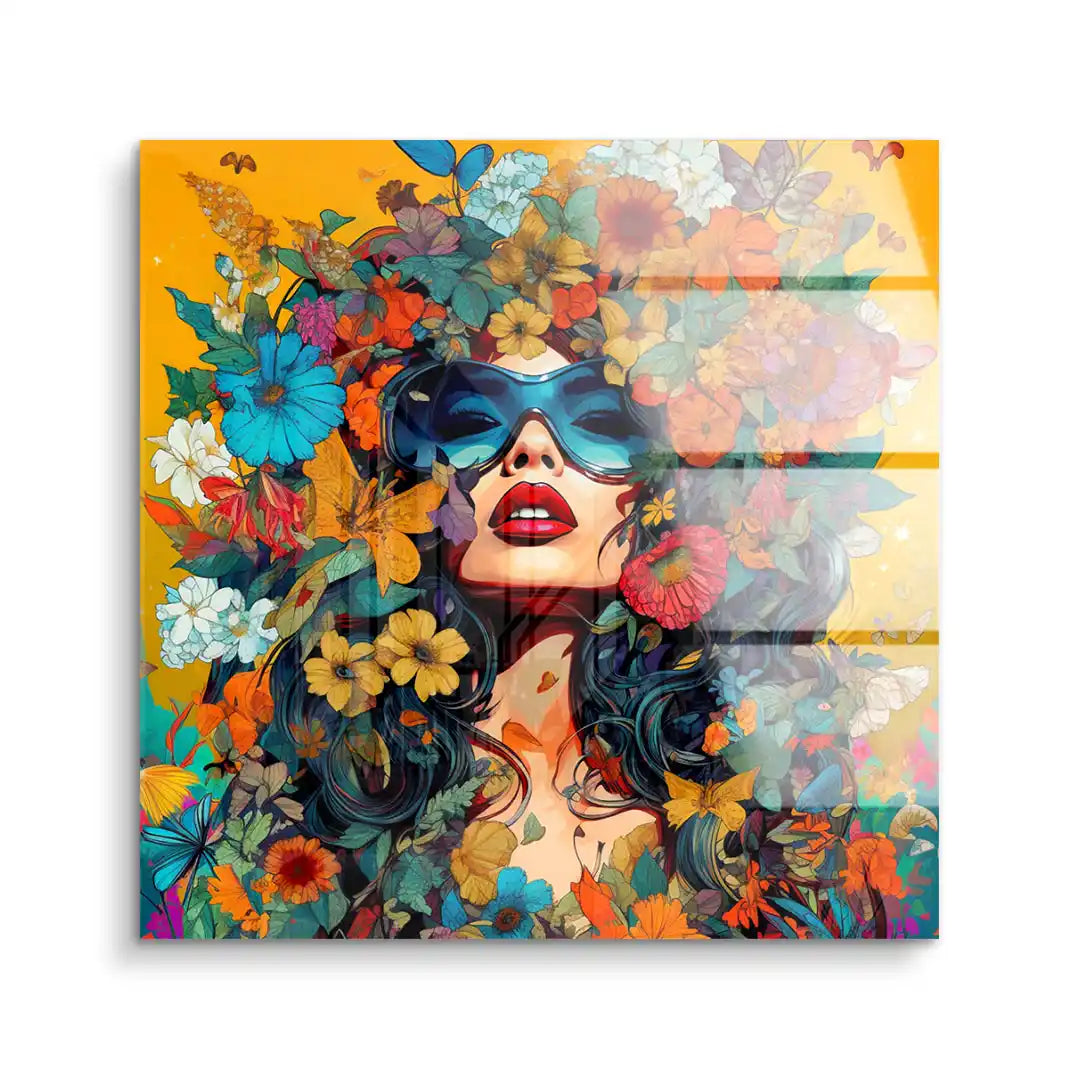 Modernes Acryl Wandbild mit Frau, bunten Blumen und Schmetterlingen, gelber Hintergrund