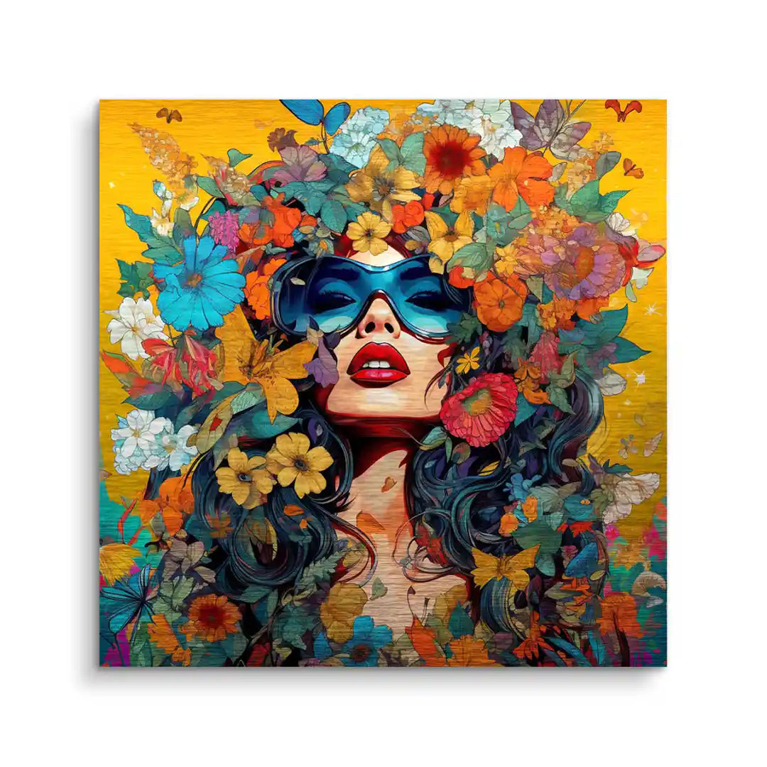 Buntes Wandbild Frau mit Blumen, Sonnenbrille und Blumenmuster auf gelbem Hintergrund
