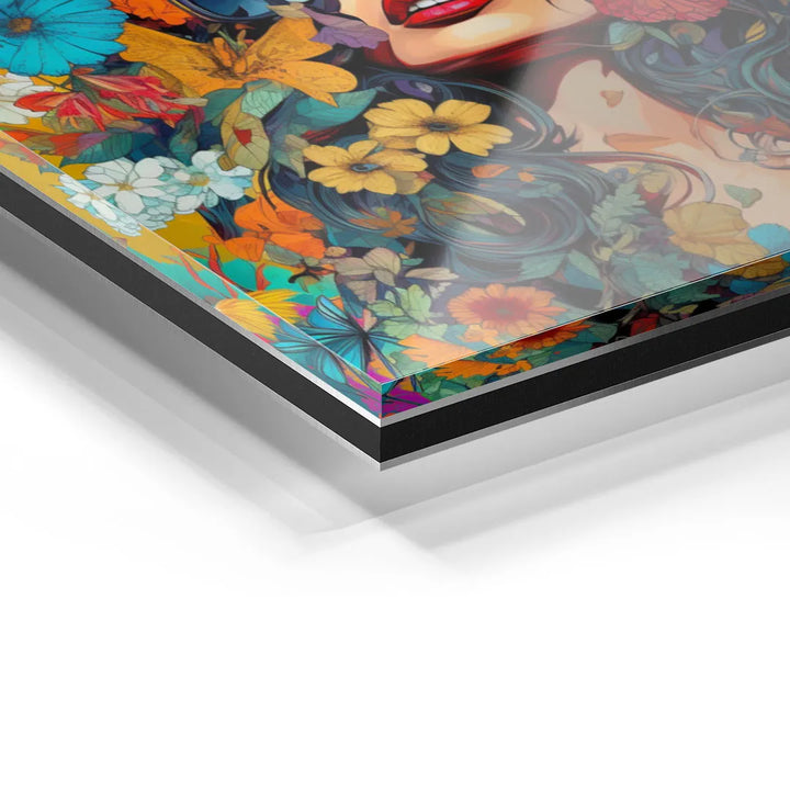 Detailansicht Acrylglas-Wandbild mit bunter Blumenfrau, moderne Kunst, leuchtende Farben