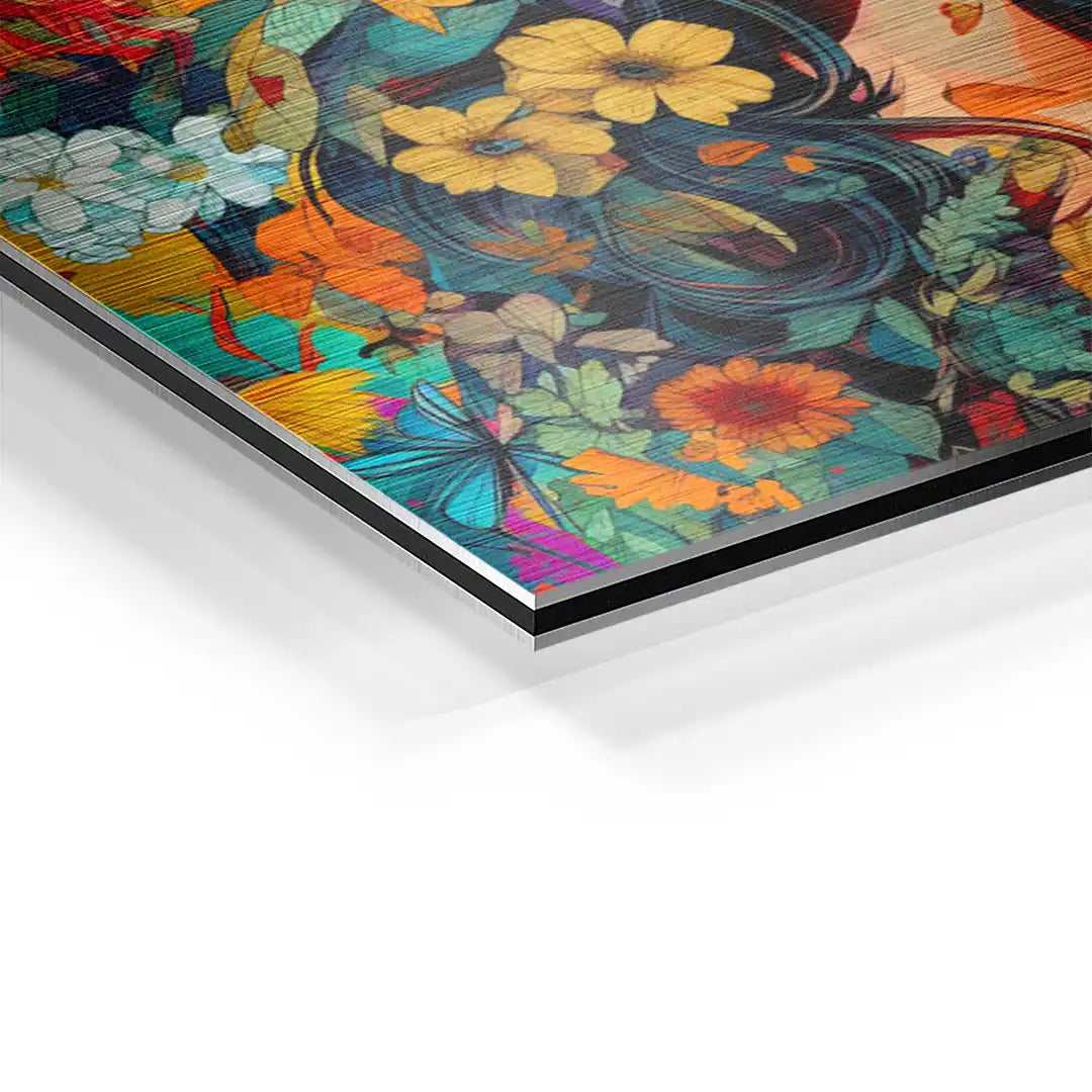 Detailansicht Wandbild mit bunten Blumen, Blättern und Schmetterlingen auf Aluminium