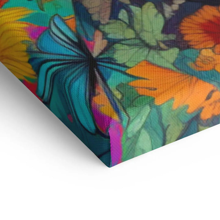Detailansicht eines bunten Blumen-Wandbildes mit Schmetterling auf Leinwand