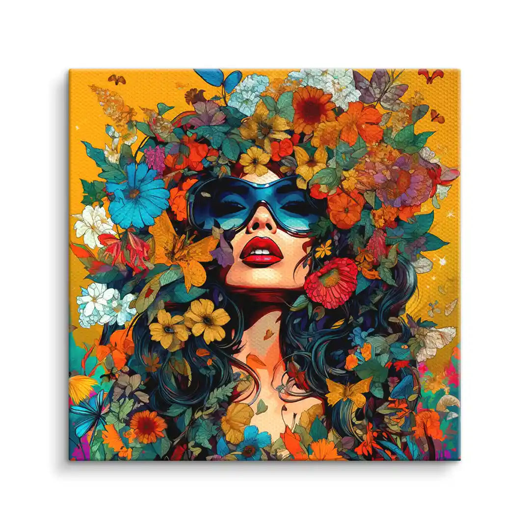 Buntes Wandbild mit Frau, Sonnenbrille und vielen Blumen in kräftigen Farben