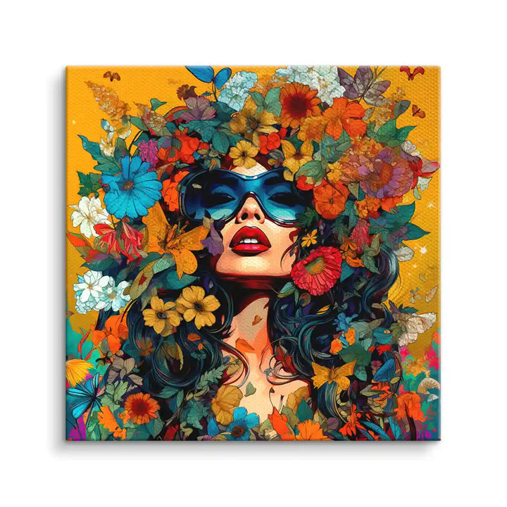 Buntes Wandbild mit Frau, Sonnenbrille und vielen Blumen in kräftigen Farben