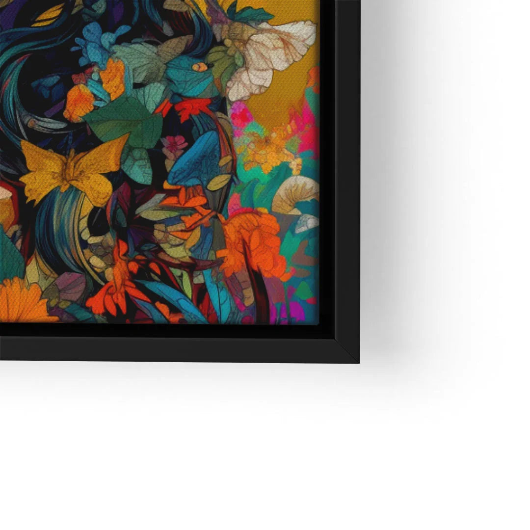 Buntes Wandbild mit floralen Mustern, Blättern und Schmetterlingen im schwarzen Rahmen