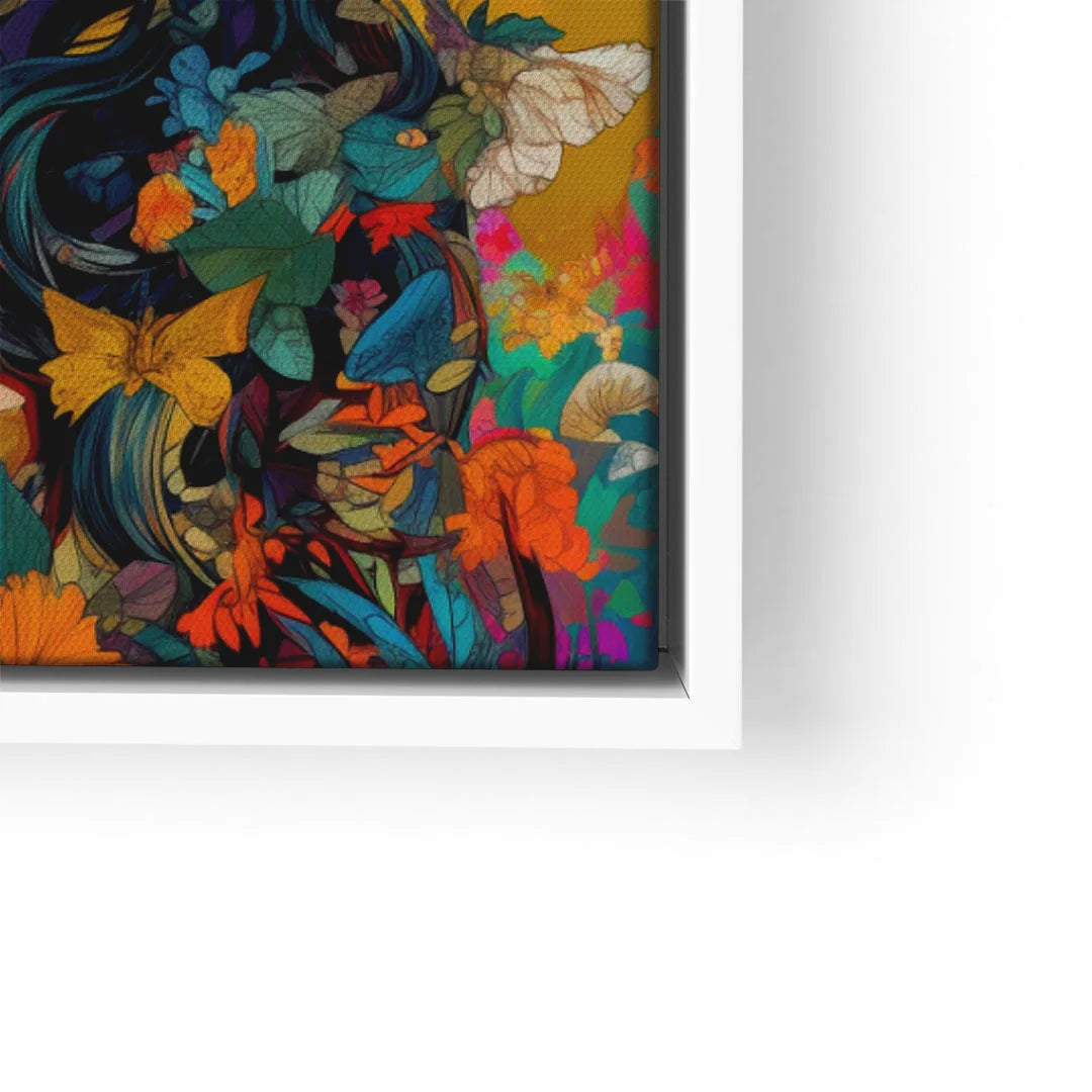 Buntes Wandbild mit floralen Mustern, Schmetterlingen und abstrakten Blumenmotiven in intensivem Farbmix