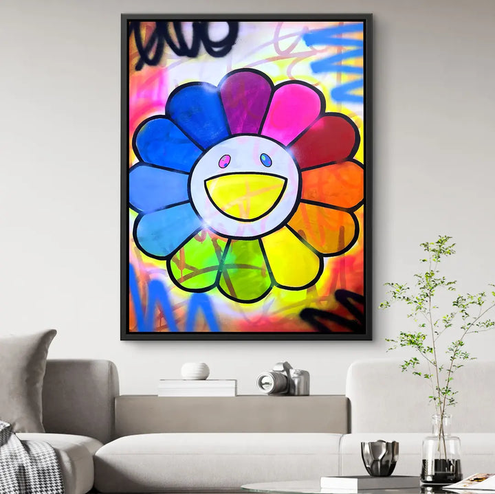 Buntes Wandbild mit lächelnder Blume im Pop Art Stil auf Graffiti-Hintergrund im Wohnzimmer