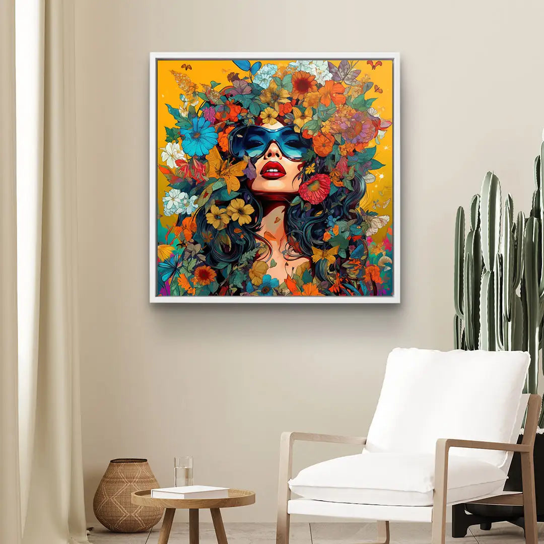 Modernes Wandbild mit Frau, bunten Blumen und Sonnenbrille auf gelbem Hintergrund, Wohnzimmer